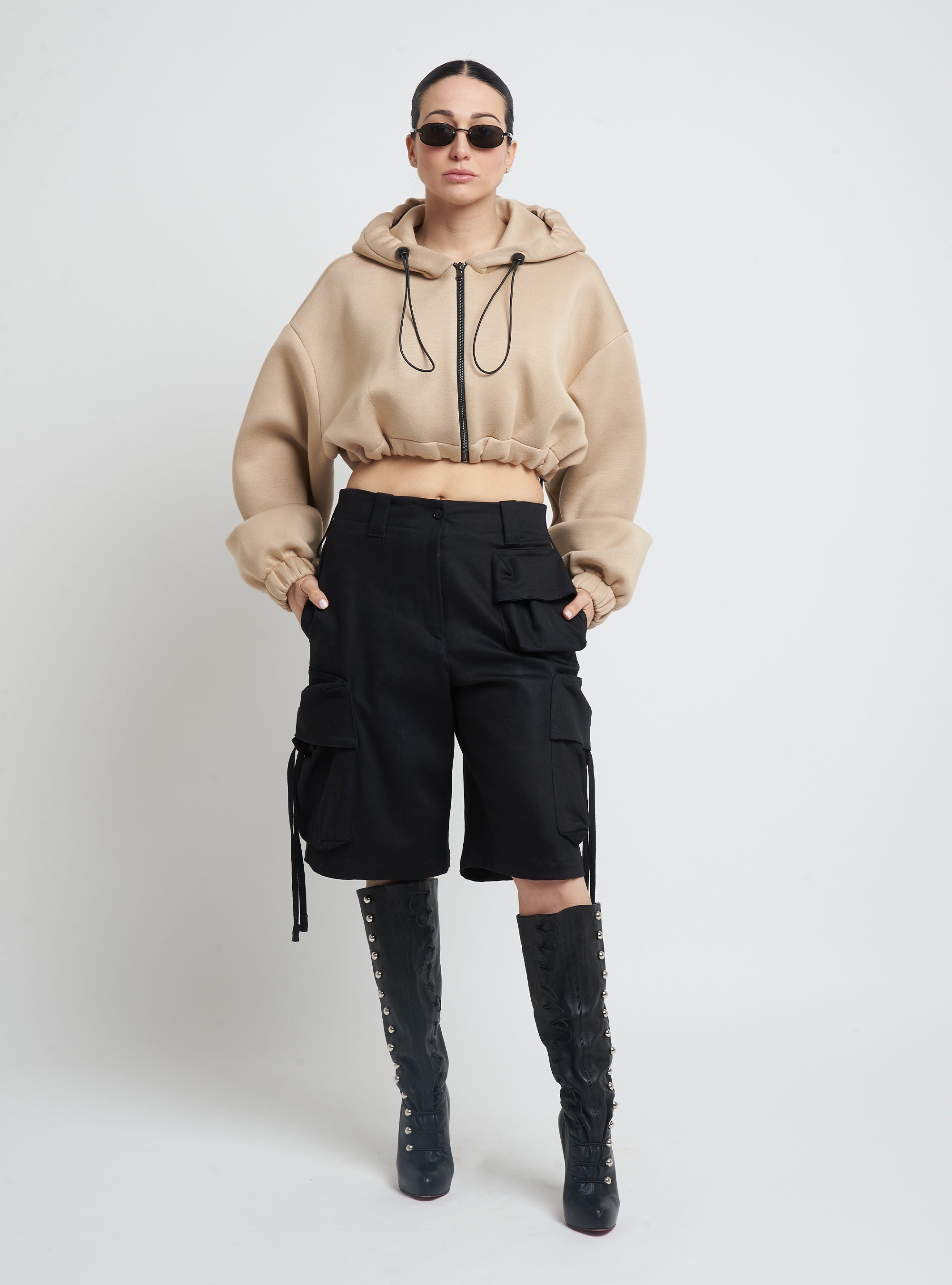 "Cropped" Neoprene Zip-Up Hoodie